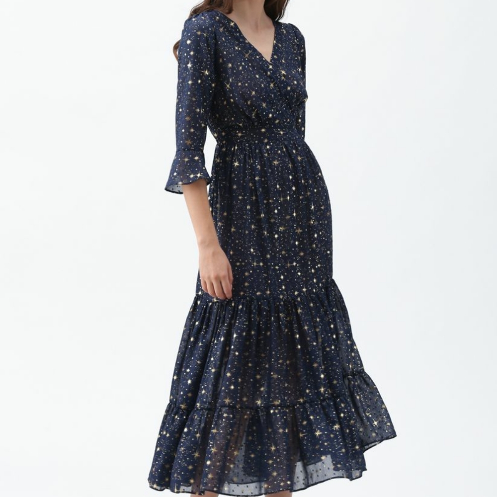STAR PRINTED MAXI DRESS IN NAVY CHICWISH